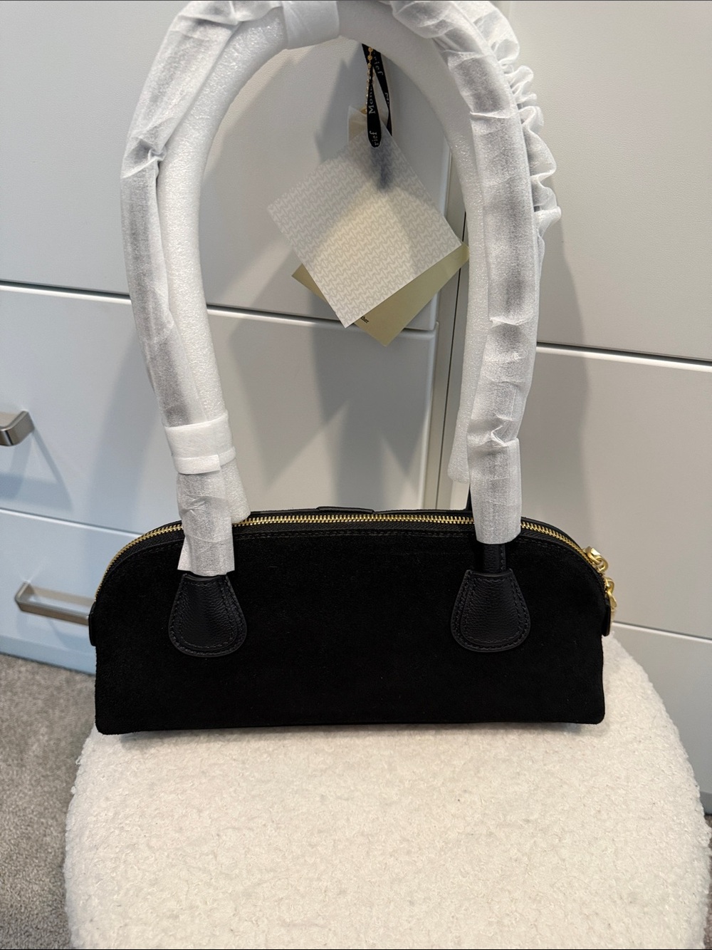 Black Suede Dome Shoulder Bag with Gold Hardware - Picture 5 of 6